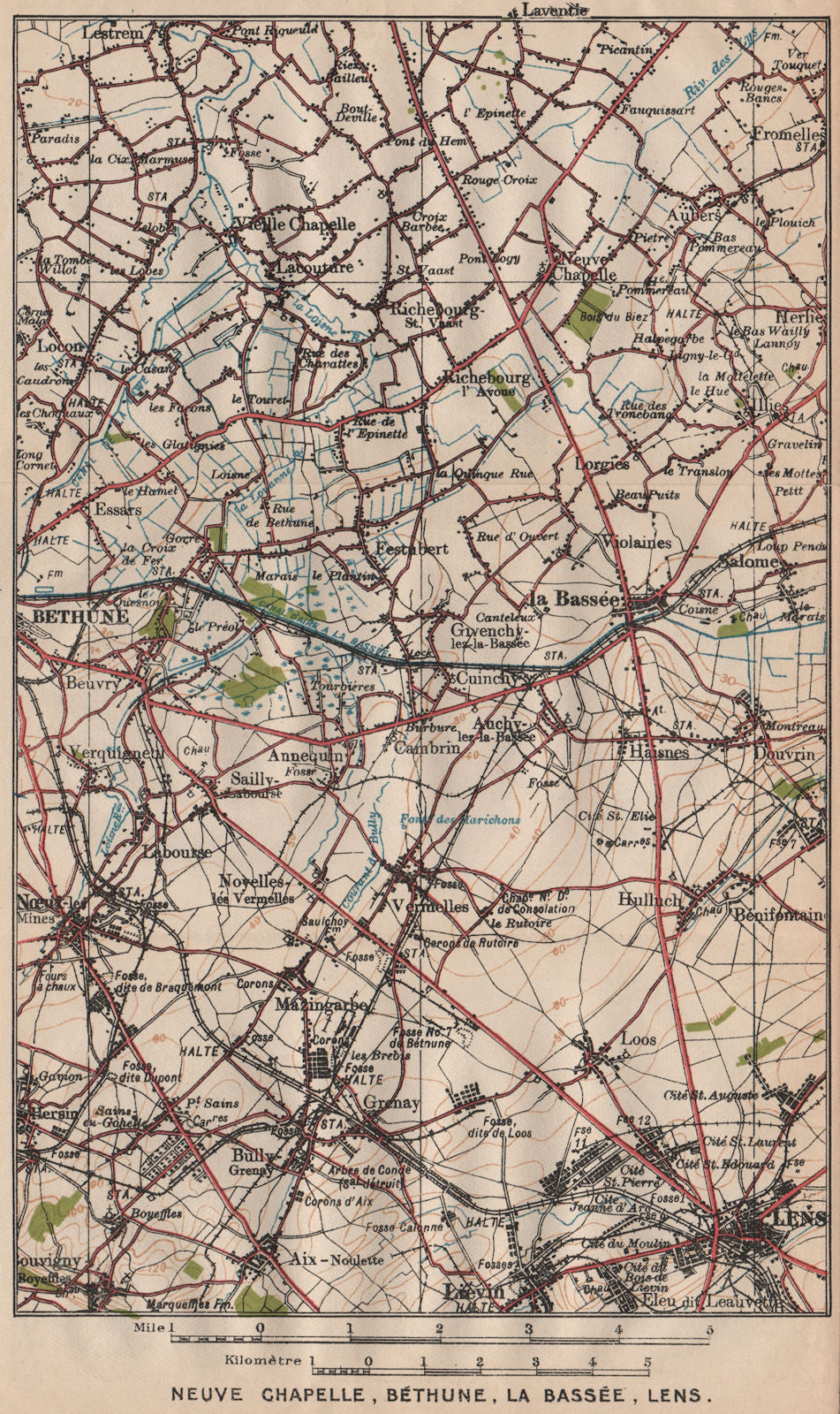 NEUVE CHAPELLE, BÉTHUNE, LA BASSÉE, LENS. Vintage map plan. Pas-de-Calais 1920
